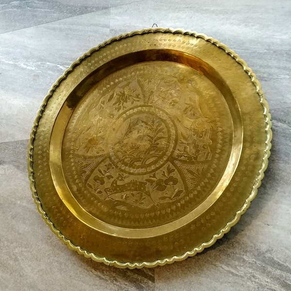 Chinese Polished Brass Tray- Hand Crafted - Etched Metal Detailed  Hand hammered & engraved - Original