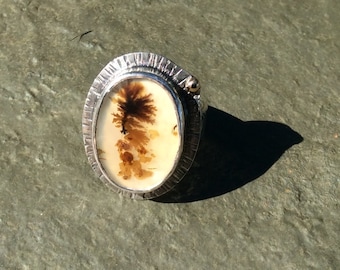 May include: A silver ring with an oval-shaped agate stone featuring a brown dendritic pattern. The stone is set in a silver bezel with a textured edge.