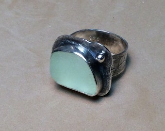 Genuine Yellow-Green Sea Glass Ring  set in Sterling Silver