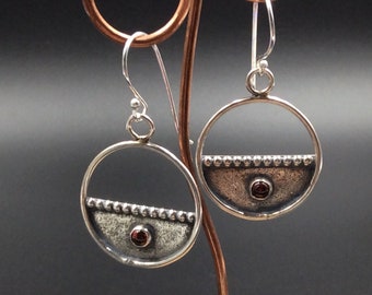 Circle Hoops with Garnet on Sterling Silver Earrings