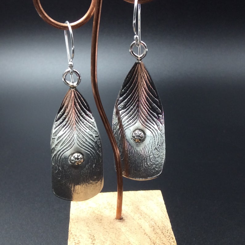 Long Sterling Silver Feather textured Earrings image 1