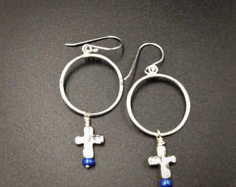 Sterling Silver Hoop Earrings with Cross