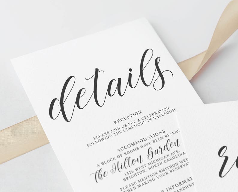 Script Wedding Invitation Printable Invite RSVP and OPTIONAL Details card Digital