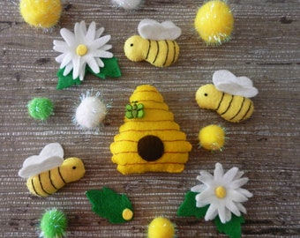 Felt Bumble Bee Hive & Flower Baby Mobile Garland Set