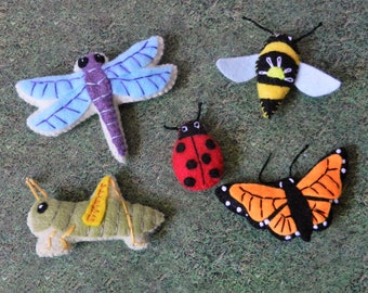 Felt Mini Bugs Insects Grasshopper Ladybug Butterfly Dragonfly Bee Plushies by LittleDear