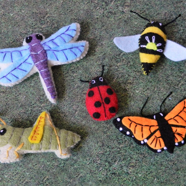 Felt Mini Bugs Insects Grasshopper Ladybug Butterfly Dragonfly Bee Plushies by LittleDear