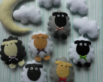 Felt Jumping Sheep Moon And Cloud Baby Mobile Plushie Set by BabyFeltGreat