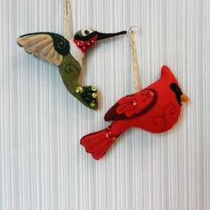 Felt Christmas Cardinal Hummingbird Heirloom Ornaments by SquishyCuteDesigns