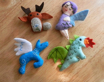 Felt Mythical Creatures Set #2 Fairy, Pegasus, Jack-a-lope, Dragon Plushies by LittleDear