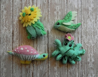 felt Mini Spring Plantimal Animal Critters Dandylion, Cactopus,Leaf Bird, Mushroom turtle by LittleDear