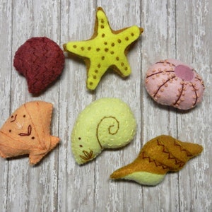 May include: A set of six felt sea creatures, including a starfish, a sea urchin, a seashell, and three different types of clams. The creatures are all different colors, including yellow, pink, brown, orange, and red.