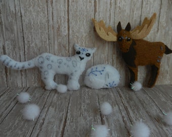 Felt Winter Animal Plush Ornaments: Moose, Snow Leopard, Fox by LittleDear