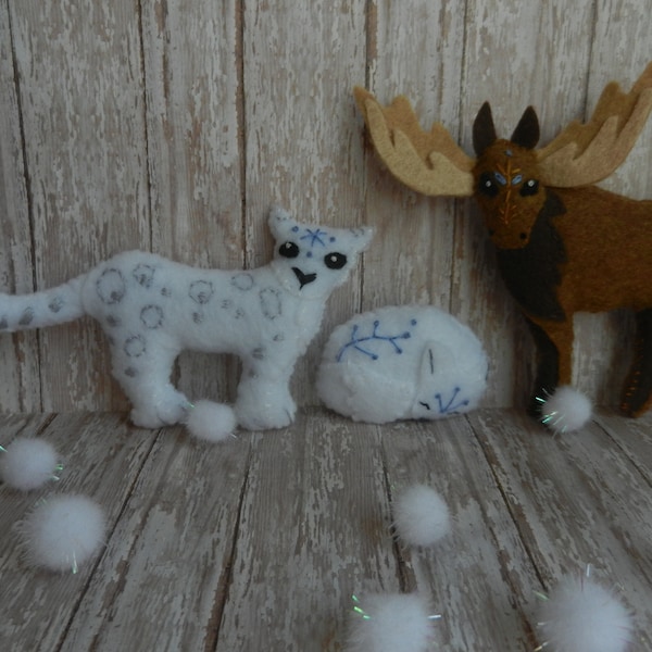 Felt Snow Winter Animal #2 Moose Snow Fox Snow Leopard Plushie Ornaments by LittleDear