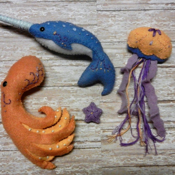 Felt Under the Sea Ocean Theme #2 Narwhal Jellyfish Octopus Mobile Plushies by LittleDear