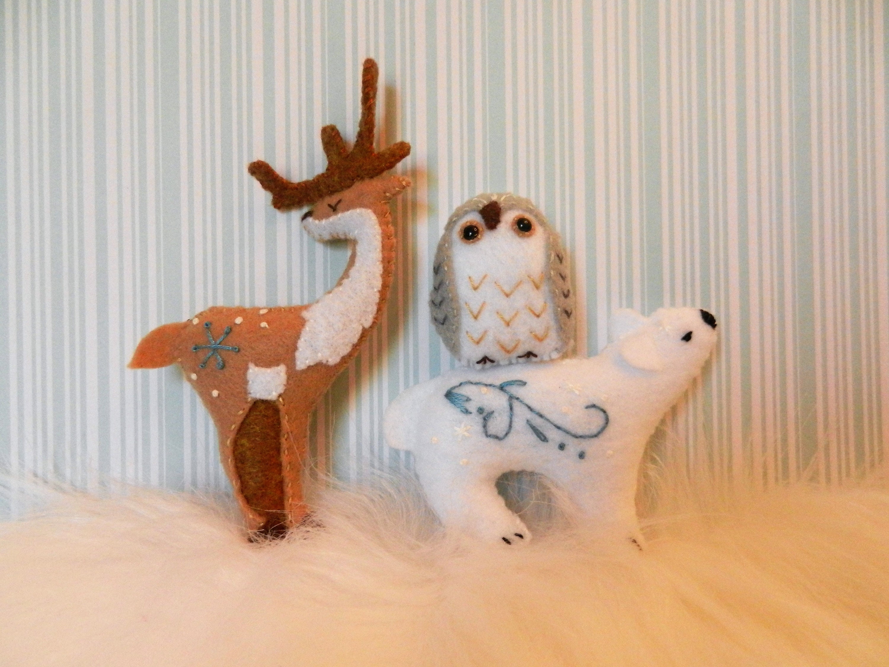 Felt Snow Winter Animal #1 Reindeer Snow Owl Polar Bear Plushie Ornaments by LittleDear