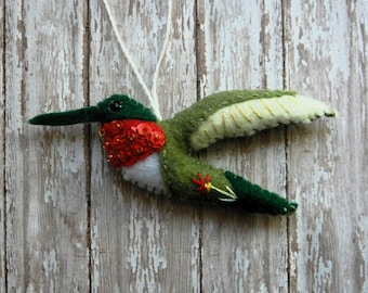 Felt Mini Ruby-Throated Hummingbird Bird Ornament by LittleDear