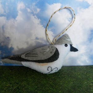 May include: A gray and white felt bird ornament with a gold string for hanging. The bird has a gray head and wings with white accents and a white body.