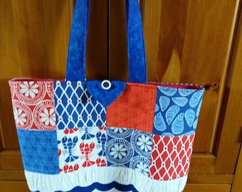 Nautical Tote Beach Bag Shirred Quilted Lined  Pockets