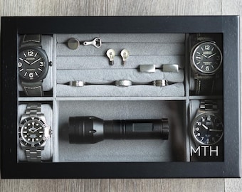 Boîte à montres en bois personnalisée – Organiseur de bijoux pour hommes | Cadeau pour lui et papa | Dessus en verre gravé