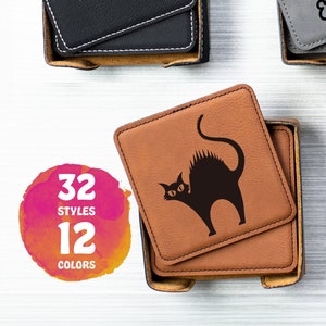 May include: Set of four Halloween-themed coasters with different designs, including a spider, skull and crossbones, ghost, and pumpkin. The coasters are made of faux leather and come in a variety of colors. 32 Styles, 12 Colors.