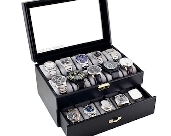 Boîte à montres noire personnalisée - Peut contenir 20 montres, étui de montre, cadeau pour homme pour lui, étui à bijoux pour homme, cadeau de fête des pères, cadeau d'anniversaire