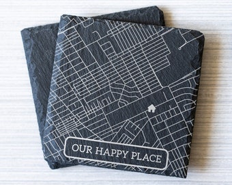 Personalized Slate Coasters Set, Custom Home Address Street City Map Coasters, House Warming Gift, Gift for Home Buyer, Realtor Closing Gift