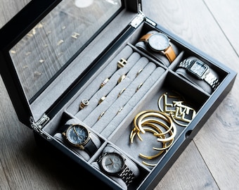 Boîte à bijoux personnalisée pour homme - Boîte de montre noire, boîte EDC pour bagues de boutons de manchette, cadeau pour lui petit ami, cadeau de Saint-Valentin, cadeau pour papa