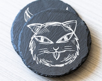 Dessous de verre en ardoise avec des visages de chat mignon, drôle de chaton méchant, cadeau pour amoureux des chats, cadeau Saint Valentin, cadeau chat pour elle, cadeau papa maman chat, cadeau de pendaison de crémaillère