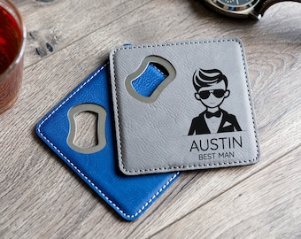 Dessous de verre ouvre-bouteille - sous-verres de faveur de mariage, coffret cadeau personnalisé garçon d'honneur, ouvre-bière personnalisé, cadeau de la Saint-Valentin, cuir végétalien
