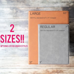 May include: Two notebook covers in different sizes. The larger cover is brown and measures 9.5 inches by 12 inches. The smaller cover is gray and measures 7 inches by 9 inches. Both covers have text indicating the size and that they will fit a standard notepad.