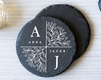 Ensemble de sous-bocks personnalisés en ardoise, cadeau de mariage personnalisé, cadeau de pendaison de crémaillère, sous-bock café bar à bières, cadeau d'anniversaire de pierre
