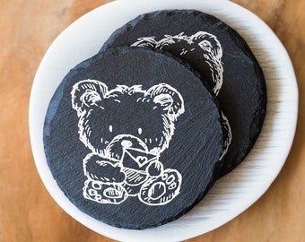 Ensemble de sous-verres personnalisés en ardoise ours en peluche, cadeau Saint Valentin, cadeau de pendaison de crémaillère, amoureux des chats, cadeau pour elle, sous-verre drôle, amoureux des animaux