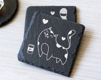 Ensemble de sous-verres personnalisé chat en ardoise, amoureux des chats, cadeau Saint Valentin, ours en peluche, cadeau de pendaison de crémaillère, cadeau pour elle, sous-verre personnalisé mignon drôle