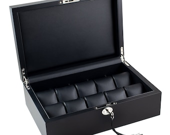 Personalized Black Premium Wood Watch Box - Holds 10 Watches, Custom Watch Case, Watch Storage Box, Engraved, Monogram, Custom Designs