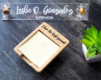 Personalized Sticky Notes Holder - Custom Bamboo Wood Adhesive Notes Holder / Desk Accessories / Office Decor / Eco Friendly Notepad Holder
