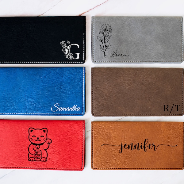 Personalized Checkbook Cover, Checkbook Holder, Slim Checkbook Wallet, Vegan Leather 46 Custom Options, Birth Month Flower, Lucky Cat