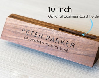 Name Plate with Business Card Holder -  Personalized Name Plate / Engraved Name Plate / Custom Wood Name Plate / Executive Walnut Name Plate