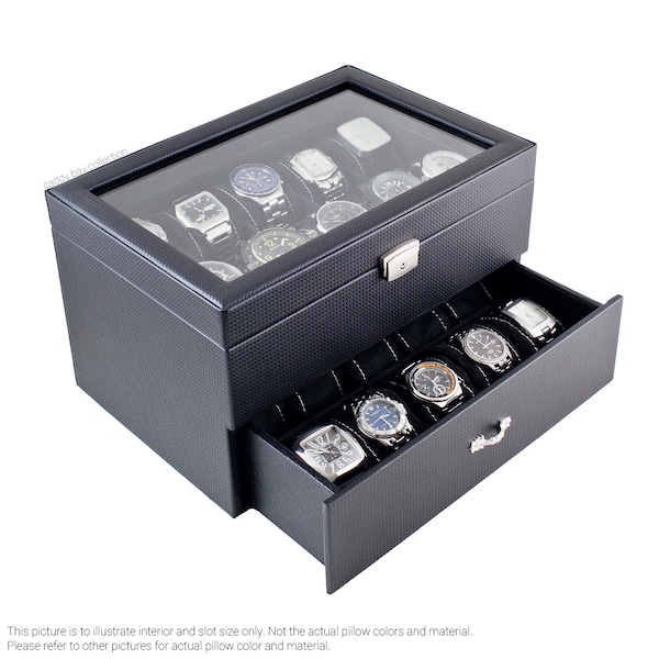 Personalized Carbon Fiber Design Watch Box - White Stitch Plush Pillows / Black Watch Case / Black Watch Box / Holds 20 Watches