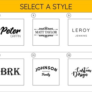 May include: A selection of 6 different logo styles for a name or business. The styles include a handwritten script, a formal serif font, a simple sans-serif font, a vintage-inspired font, a modern font with a line, and a handwritten script with the word "Custom Design".