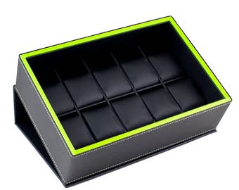 Black Carbon Fiber Watch Box with Krypton Green Trim - Holds 10 Watches, Men's Jewelry Case, Wedding Gift, Gifts For Him