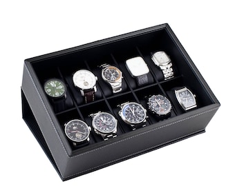 Black Carbon Fiber Watch Box with Obsidian Black Accent - Holds 10 Watches, Father's Day, Wedding Gift, Anniversary Gift