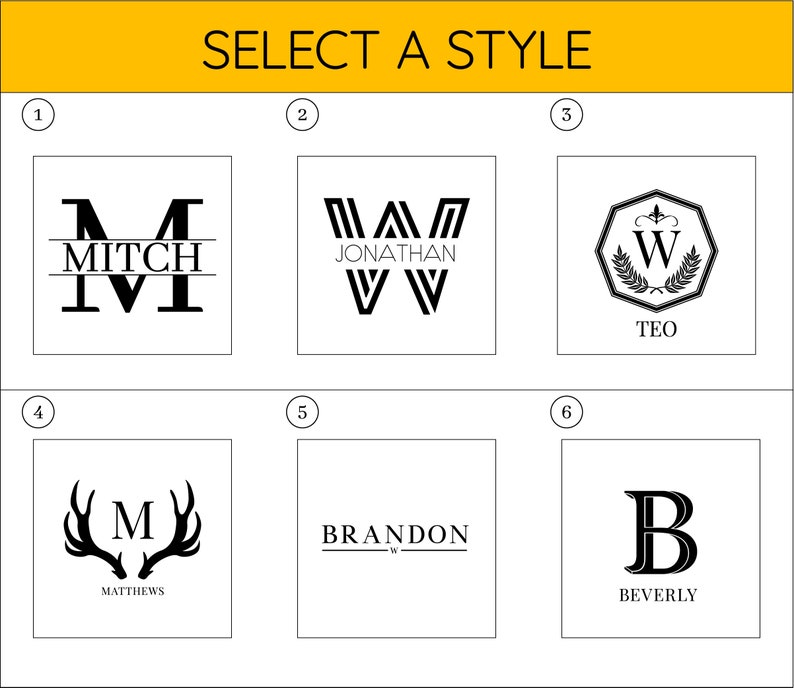 May include: Six different monogram styles for personalized gifts.  The styles include a classic initial with a name, a monogram with a name, a monogram with a wreath, a monogram with antlers, a monogram with a line, and a monogram with a serif font.