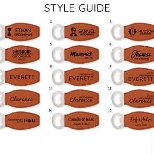 May include: A style guide showcasing personalized bottle openers. Each opener has a brown leatherette tag with a silver bottle opener attached. The tags are engraved with names, titles, and dates. The text "STYLE GUIDE" is at the top.