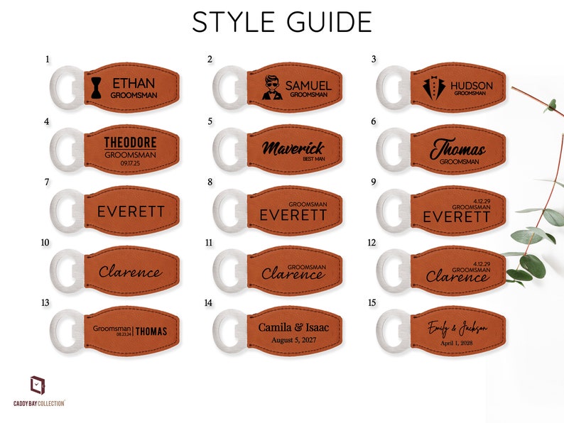 May include: A style guide showcasing personalized bottle openers. Each opener has a brown leatherette tag with a silver bottle opener attached. The tags are engraved with names, titles, and dates. The text "STYLE GUIDE" is at the top.