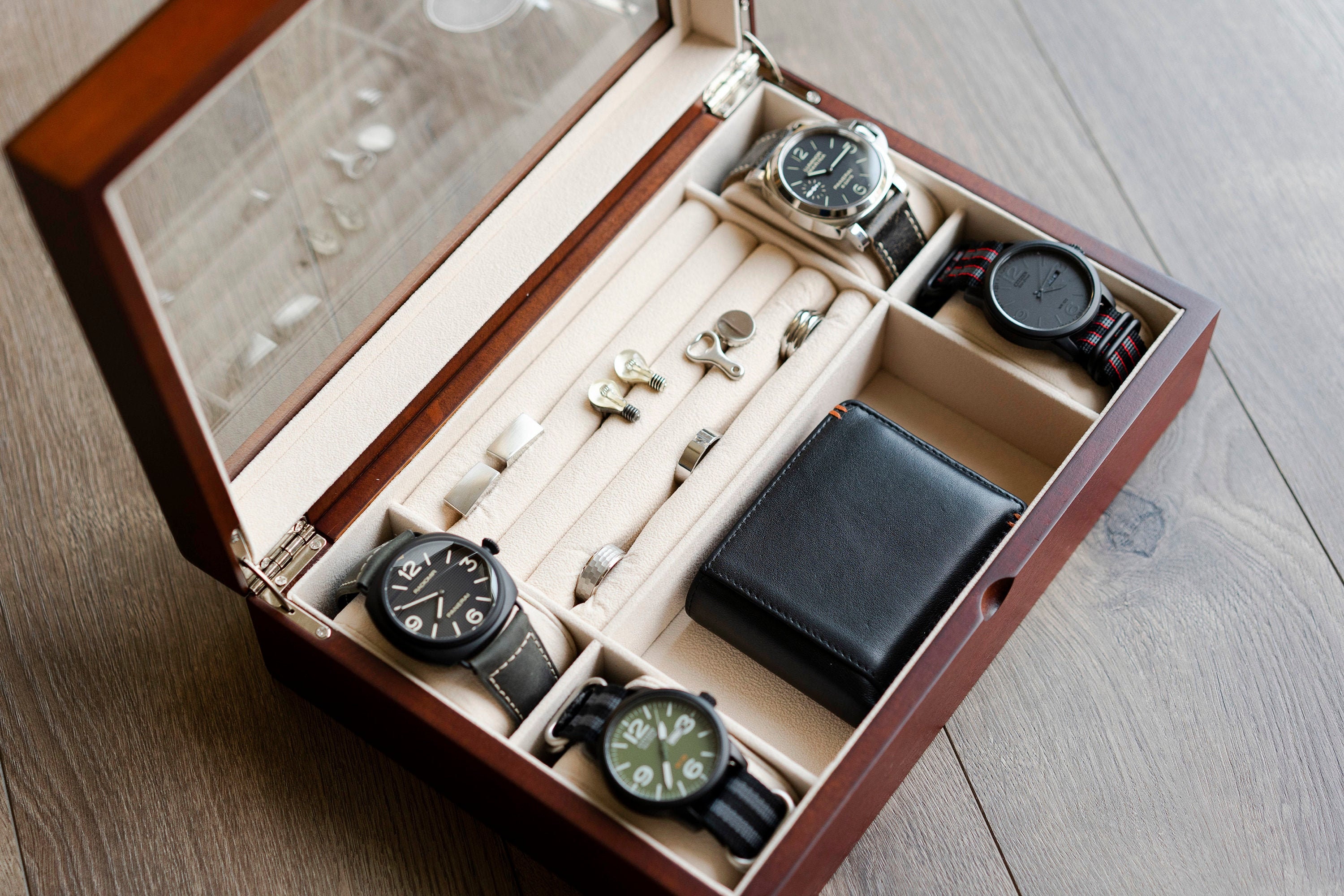 Watch Box Organizer for Men, Luxury Wood Watch Jewelry Box with Valet  Drawer, Glass Cover Watch Disp…See more Watch Box Organizer for Men, Luxury  Wood