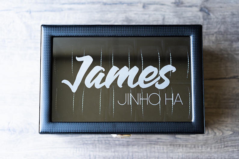 K&ouml;nnte beinhalten: Eine schwarze rechteckige Box mit einem spiegelnden Deckel. Der Deckel tr&auml;gt eine wei&szlig;e Aufschrift mit dem Text "James Jinho Ha".