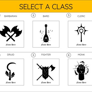 May include: A graphic showing six different Dungeons and Dragons character classes. The classes are Barbarian, Bard, Cleric, Druid, Fighter, and Monk. Each class has a black and white icon representing the class.