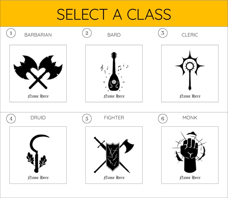 May include: A graphic showing six different Dungeons and Dragons character classes. The classes are Barbarian, Bard, Cleric, Druid, Fighter, and Monk. Each class has a black and white icon representing the class.
