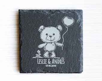 Cadeau d'anniversaire de pierre, ensemble de sous-verres en ardoise personnalisés, cadeau de mariage personnalisé cadeau de fête, cadeau de pendaison de crémaillère, cadeau d'amoureux d'animal de compagnie chat ours en peluche