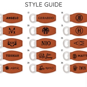May include: A selection of brown leather bottle openers, each with a silver opener end and personalized engravings. Designs include names, initials, and themed illustrations. The image displays the text "STYLE GUIDE" at the top.